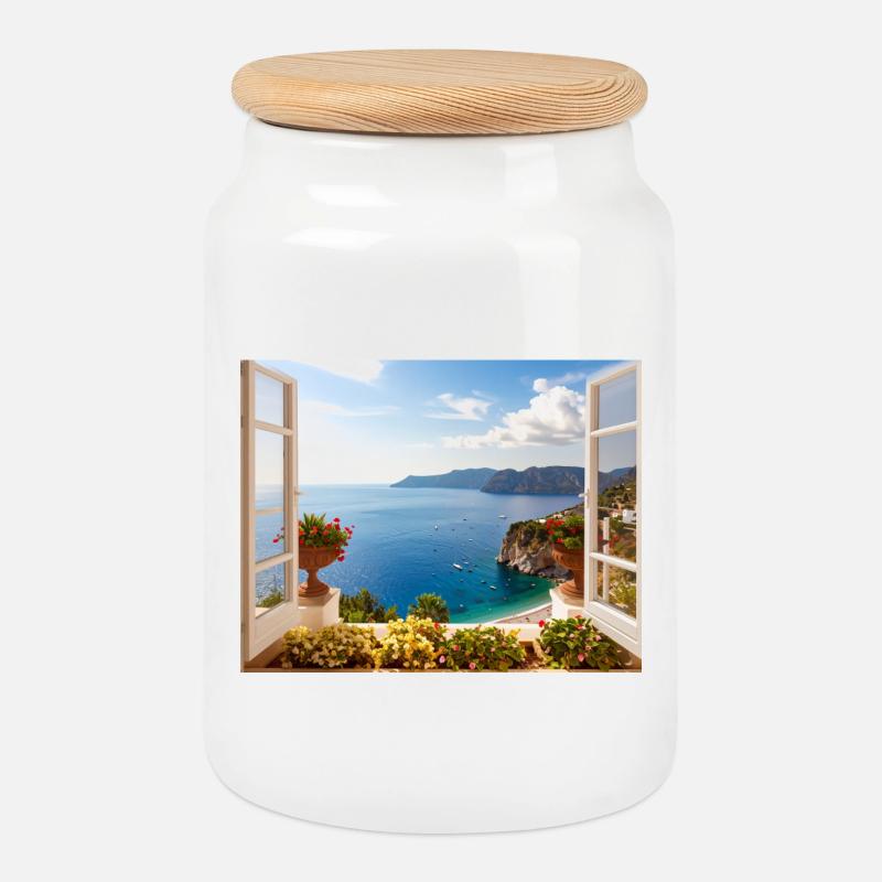 Panoramablick auf die Mittelmeerküste - Keksdose mit Holzdeckel - Weiß