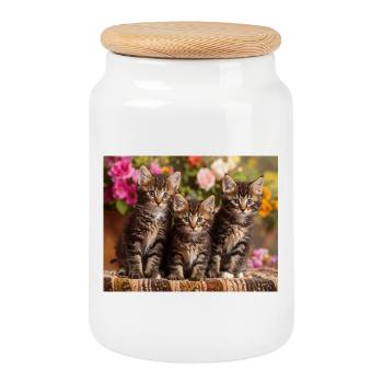 Aimée trio of spotted kittens in bloom - Cookie Jar with Wooden Lid - white - Front