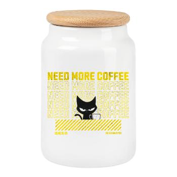 Black Cat with Coffee Mug Illustration - Cookie Jar with Wooden Lid - white - Front