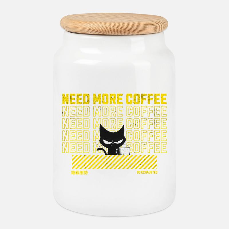 Schwarze Katze mit Kaffeetasse Illustration - Keksdose mit Holzdeckel - Weiß
