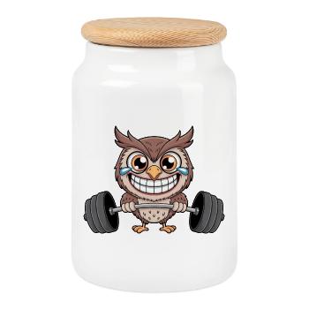 Hibou fort avec haltère haltérophile de fitness - Boîte à biscuits avec couvercle en bois - blanc - Devant