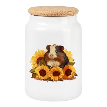 Cochon d’Inde mignon aux tournesols - Boîte à biscuits avec couvercle en bois - blanc - Devant