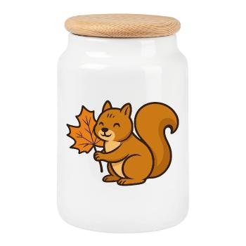 Cute Squirrel with Autumn Leaf Cartoon - Cookie Jar with Wooden Lid - white - Front