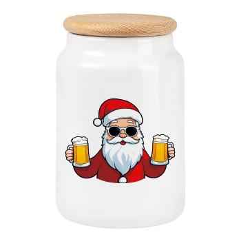 Cool Santa Claus with beer - Cookie Jar with Wooden Lid - white - Front