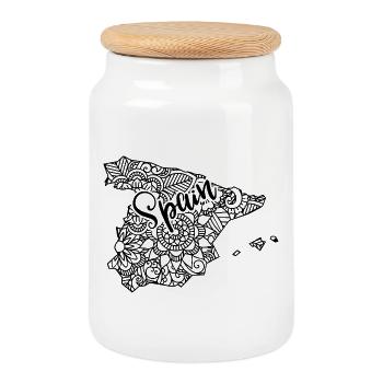Karte Spanien Florales Mandala - Reisegeschenk - Keksdose mit Holzdeckel - Weiß - Vorne