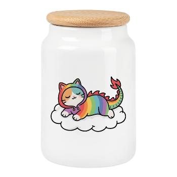 Entspannte Regenbogen-Drachenkatze auf Wolke - Keksdose mit Holzdeckel - Weiß - Vorne