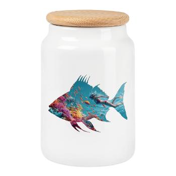 Unterwasser Fischsilhouette mit Taucher - Keksdose mit Holzdeckel - Weiß - Vorne