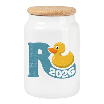 Gummiente Rente 2026 - Ruhestand - Pension - Keksdose mit Holzdeckel - Weiß - Vorne