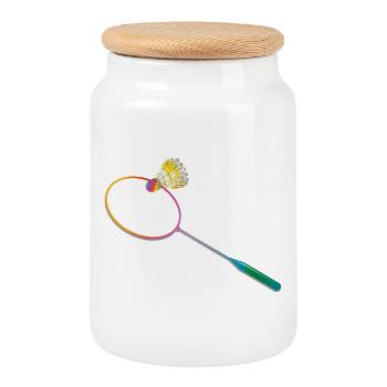 Bunter Federballschläger mit Federball –Sportmotiv - Keksdose mit Holzdeckel - Weiß - Vorne