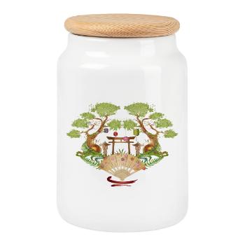 Asian Garden Motif with Trees and Lanterns - Cookie Jar with Wooden Lid - white - Front
