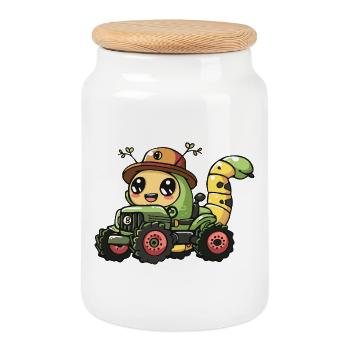Wurm Traktor Farmer - Keksdose mit Holzdeckel - Weiß - Vorne