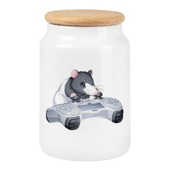 Ratty Gamer with Controller – Kawaii Rat Meme - Cookie Jar with Wooden Lid - white - Front