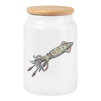 Calamar brodé – motif marin (imprimé) - Boîte à biscuits avec couvercle en bois - blanc - Devant