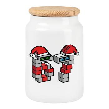 Pixel Robo Santa Duo 67 Meme - Keksdose mit Holzdeckel - Weiß - Vorne