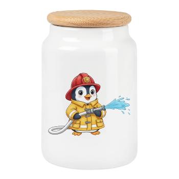 Cute Penguin Firefighter Kids Fire Brigade - Cookie Jar with Wooden Lid - white - Front