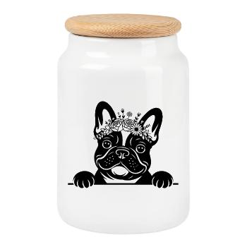 Bouledogue français - Boîte à biscuits avec couvercle en bois - blanc - Devant