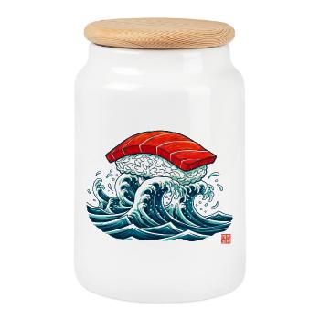 Sushi Nigiri on Ocean Wave Art - Cookie Jar with Wooden Lid - white - Front