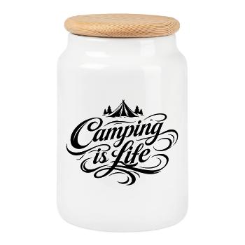 Dicton de la vie de camping - Boîte à biscuits avec couvercle en bois - blanc - Devant