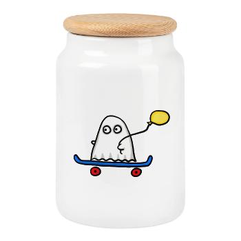 Fantôme avec skateboard et ballon - Boîte à biscuits avec couvercle en bois - blanc - Devant