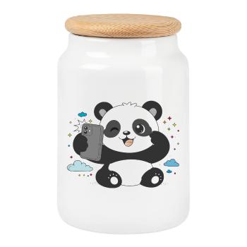 Niedlicher Panda macht Selfie – Lustiges Motiv - Keksdose mit Holzdeckel - Weiß - Vorne