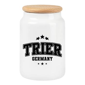 Trier Block Font Arch – Varsity Style - Cookie Jar with Wooden Lid - white - Front
