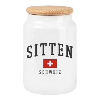 Sion Switzerland – flag motif with local pride - Cookie Jar with Wooden Lid - white - Front