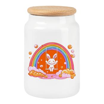Cuddly Bunny Rainbow Swing - Cookie Jar with Wooden Lid - white - Front