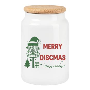 Merry Discmas Happy Holidays Disc Golf Basket - Cookie Jar with Wooden Lid - white - Front