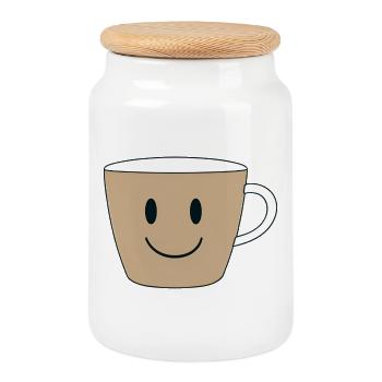 Smiling Coffee Mug Design - Cookie Jar with Wooden Lid - white - Front