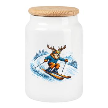 Lustiger Ski Hirsch – Comic Wintersport Motiv - Keksdose mit Holzdeckel - Weiß - Vorne