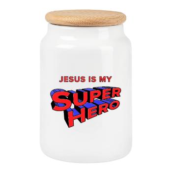 Jésus, mon super-héros, - Boîte à biscuits avec couvercle en bois - blanc - Devant