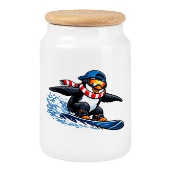 Penguin Boarder Winter Sports - Cookie Jar with Wooden Lid - white - Front