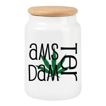 Amsterdam - Cannabis - Weed - Boîte à biscuits avec couvercle en bois - blanc - Devant
