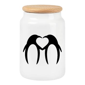 Penguin Loving Heart – Minimalist Design - Cookie Jar with Wooden Lid - white - Front