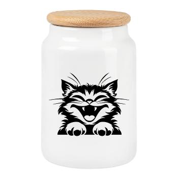 Lachende Katze mit Pfoten: Lustiges Katzen T-Shirt - Keksdose mit Holzdeckel - Weiß - Vorne