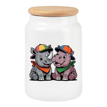 Bébé Rhinocéros & Hippo – Duo d’animaux mignons avec une casquette - Boîte à biscuits avec couvercle en bois - blanc - Devant
