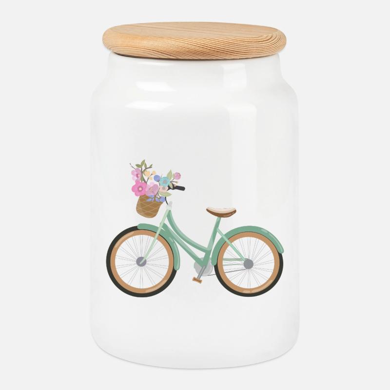 Rad_mit_Blumen - Cookie Jar with Wooden Lid - white