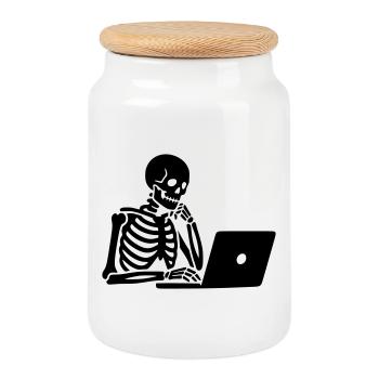 Skeleton on laptop computer - Cookie Jar with Wooden Lid - white - Front