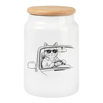 Cat drives a car - Cool kitten with sunglasses - Cookie Jar with Wooden Lid - white - Front