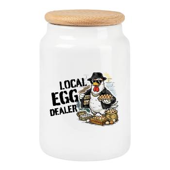 Local Egg Dealer – Funny Rooster Egg Sale - Cookie Jar with Wooden Lid - white - Front