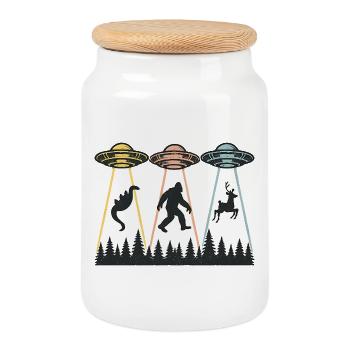 Alien Abduction Bigfoot Loch Ness Funny UFO - Cookie Jar with Wooden Lid - white - Front