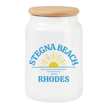 Rhodes Sunrise Beach Logo - Cookie Jar with Wooden Lid - white - Front