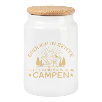 Retired Camping Caravan Retirement - Cookie Jar with Wooden Lid - white - Front