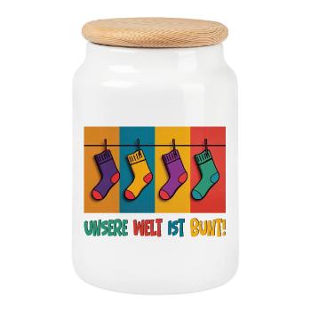 Unsere Welt ist bunt! - Welt-Down-Syndrom-Tag - Keksdose mit Holzdeckel - Weiß - Vorne