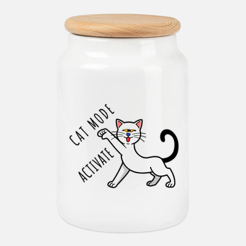 Cat Mode Activate - Cookie Jar with Wooden Lid - white