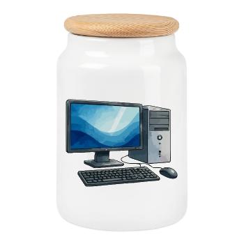 Retro PC Workstation Illustration - Cookie Jar with Wooden Lid - white - Front