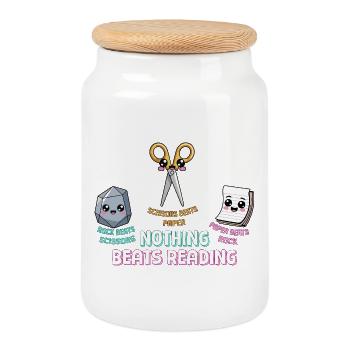 Cute Nothing Beats Reading Book Rock Paper Scissor - Cookie Jar with Wooden Lid - white - Front