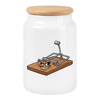 Naughty Mousetrap Cartoon - Cookie Jar with Wooden Lid - white - Front