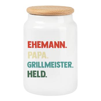 Papa Vater Held Grillmeister BBQ Geschenk - Keksdose mit Holzdeckel - Weiß - Vorne