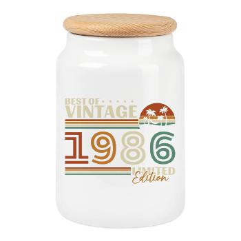 1986 Vintage Retro Birthday Gift - Cookie Jar with Wooden Lid - white - Front